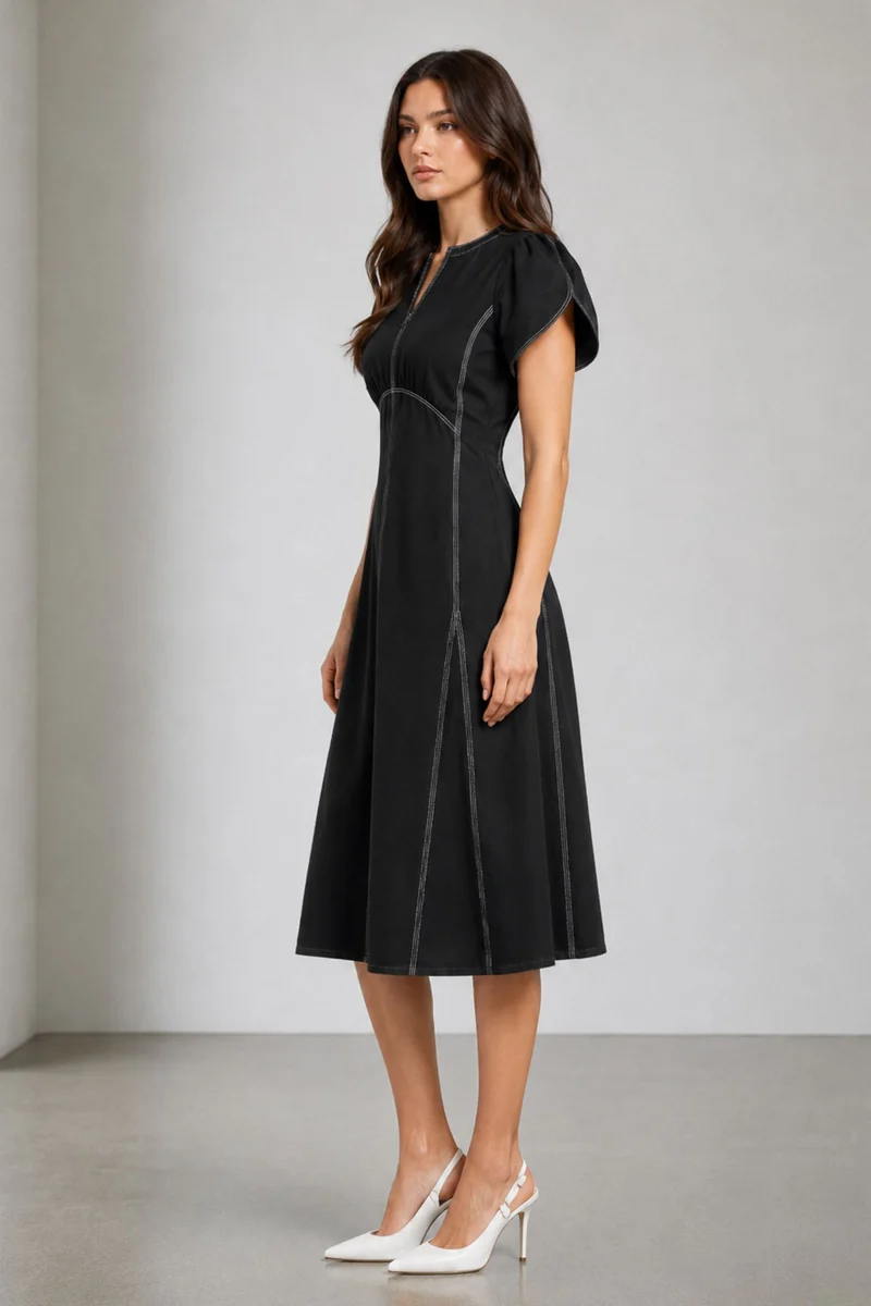 Scarletina|Black Twill Midi Dress With Stitching