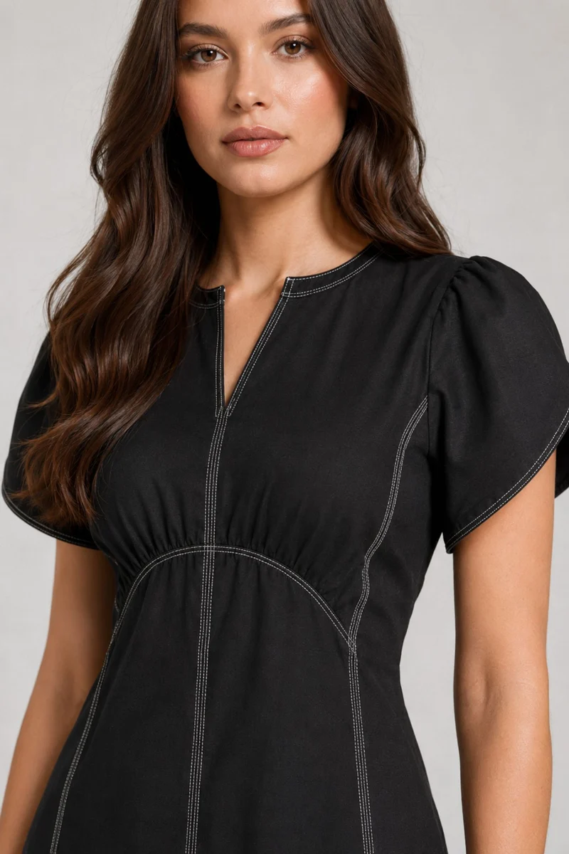 Scarletina|Black Twill Midi Dress With Stitching
