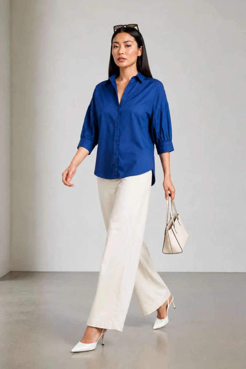 Larina|Relaxed Twill Shirt With Gathered Sleeves