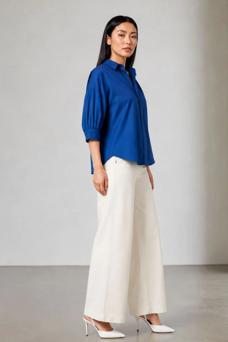 Larina|Relaxed Twill Shirt With Gathered Sleeves