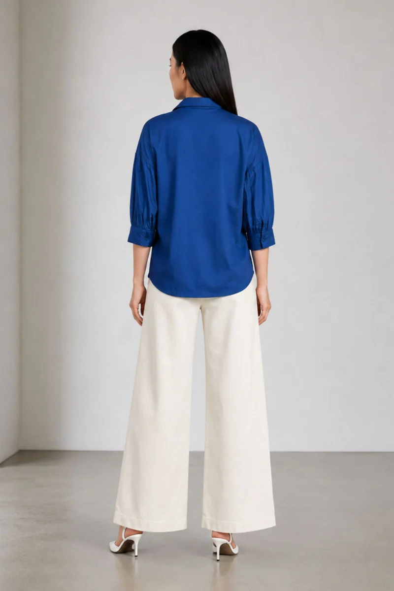 Larina|Relaxed Twill Shirt With Gathered Sleeves