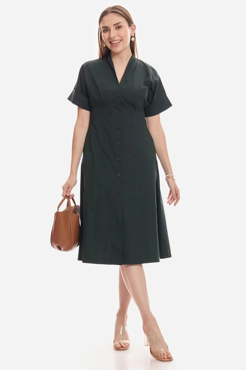 Shiel|100% Cotton Pleat Detail Midi Dress