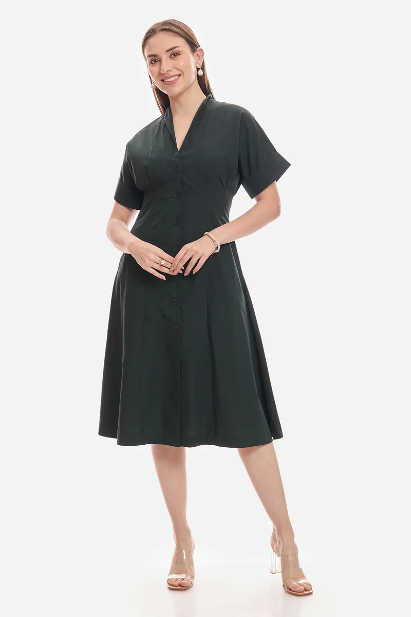 Shiel|100% Cotton Pleat Detail Midi Dress