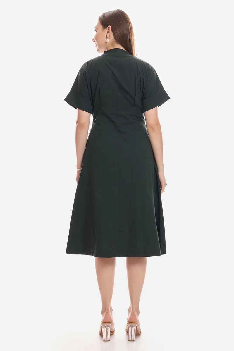 Shiel|100% Cotton Pleat Detail Midi Dress