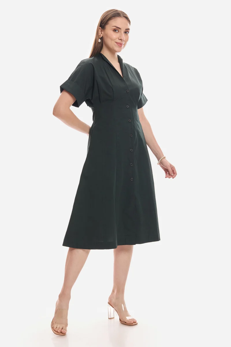 Shiel|100% Cotton Pleat Detail Midi Dress