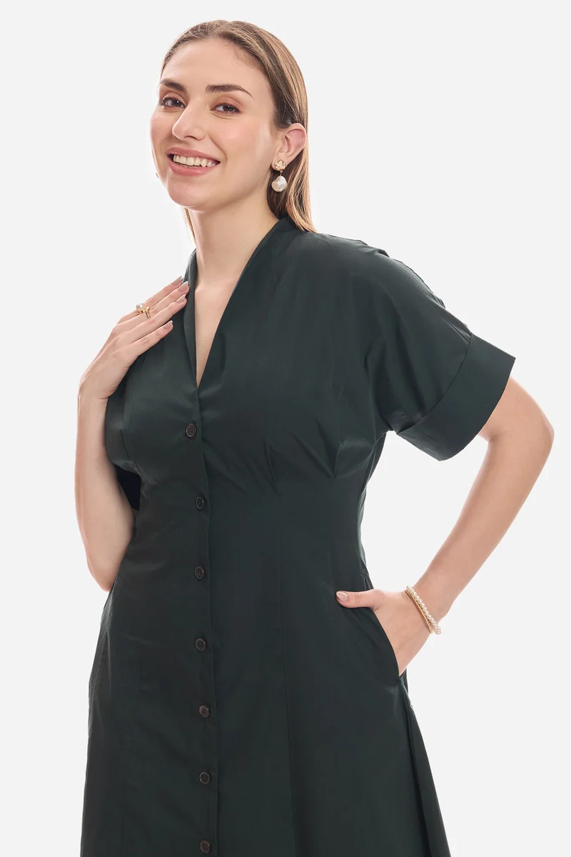 Shiel|100% Cotton Pleat Detail Midi Dress