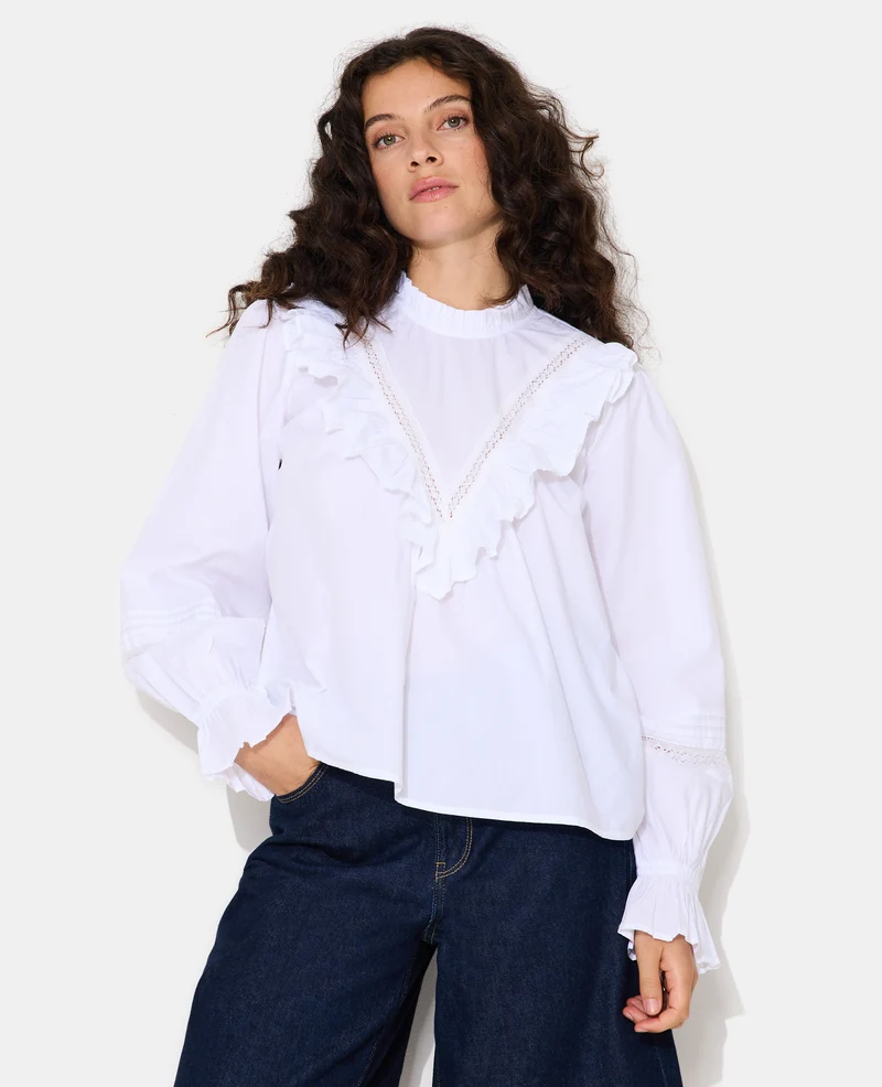 Blouse manches longues avec dentelle et volants