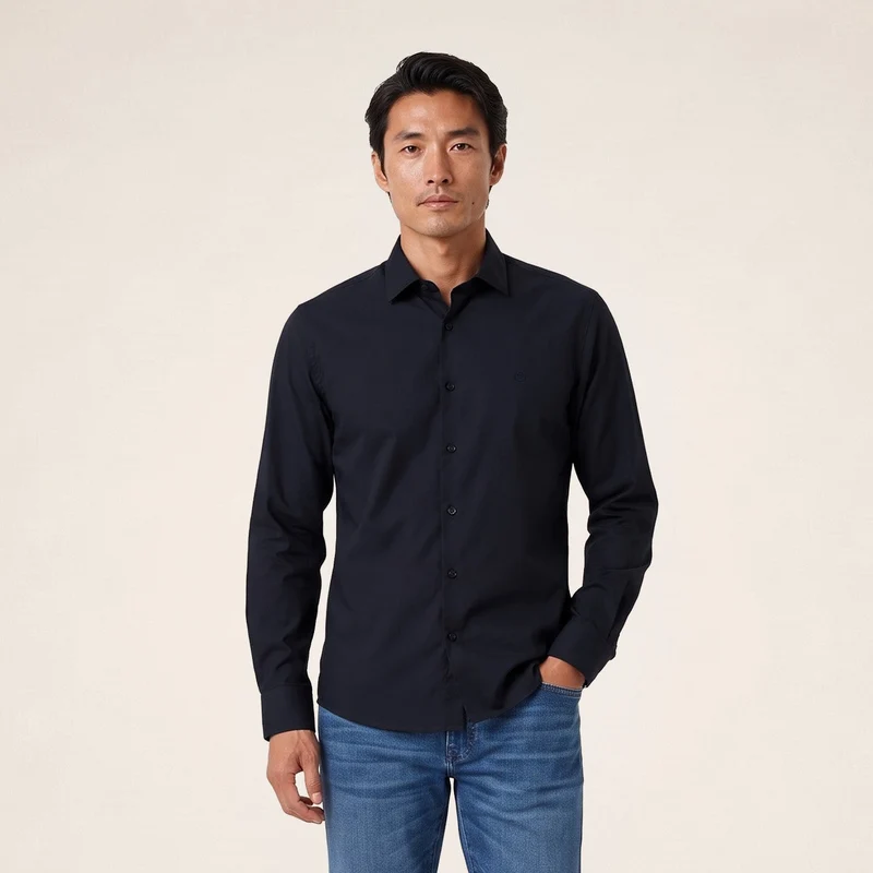 Chemise manches longues coton stretch bleu marine