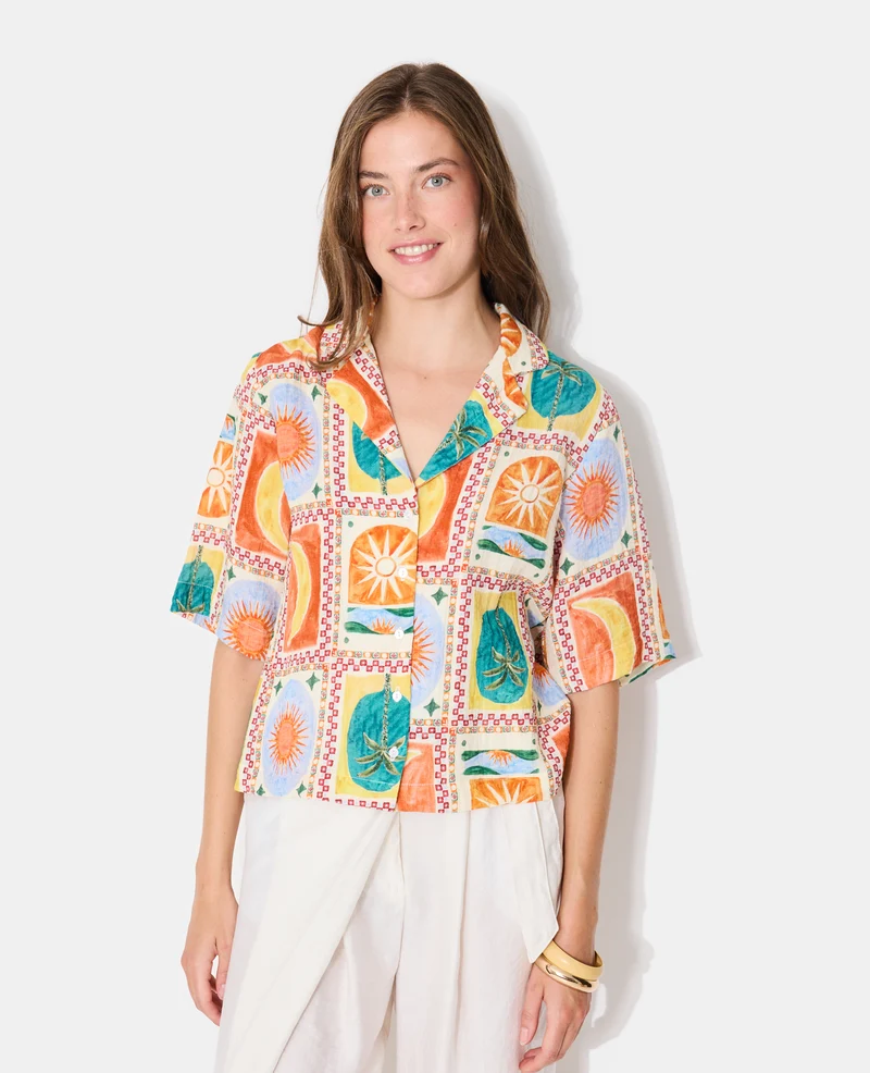 Chemise manches courtes motif soleils et lunes