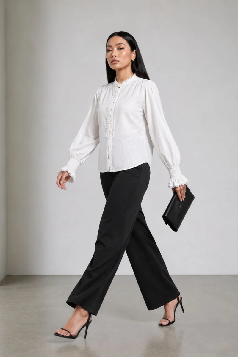 Celestin|Cotton White Dobby Top With Lace Trim
