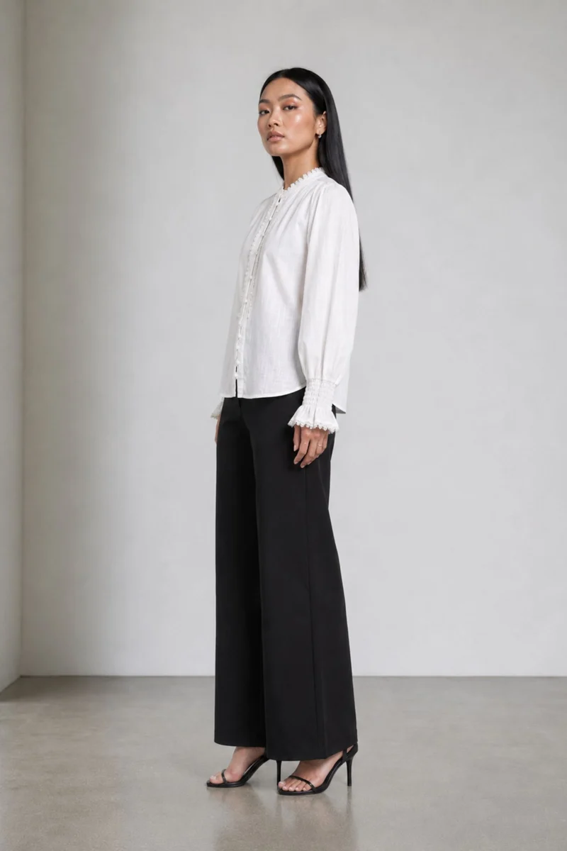 Celestin|Cotton White Dobby Top With Lace Trim
