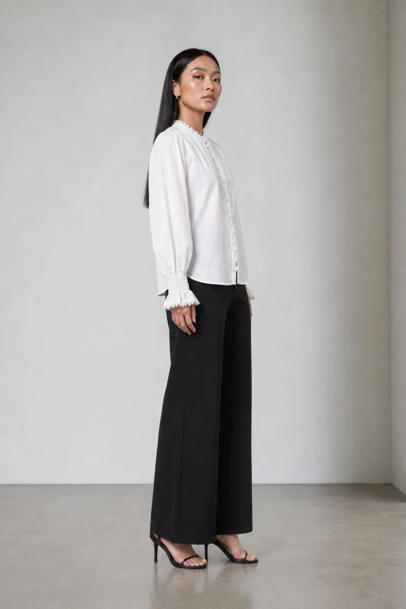 Celestin|Cotton White Dobby Top With Lace Trim