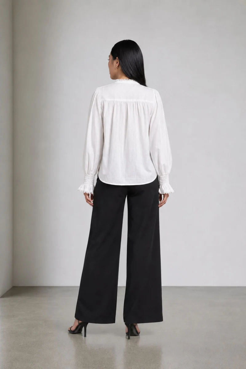 Celestin|Cotton White Dobby Top With Lace Trim