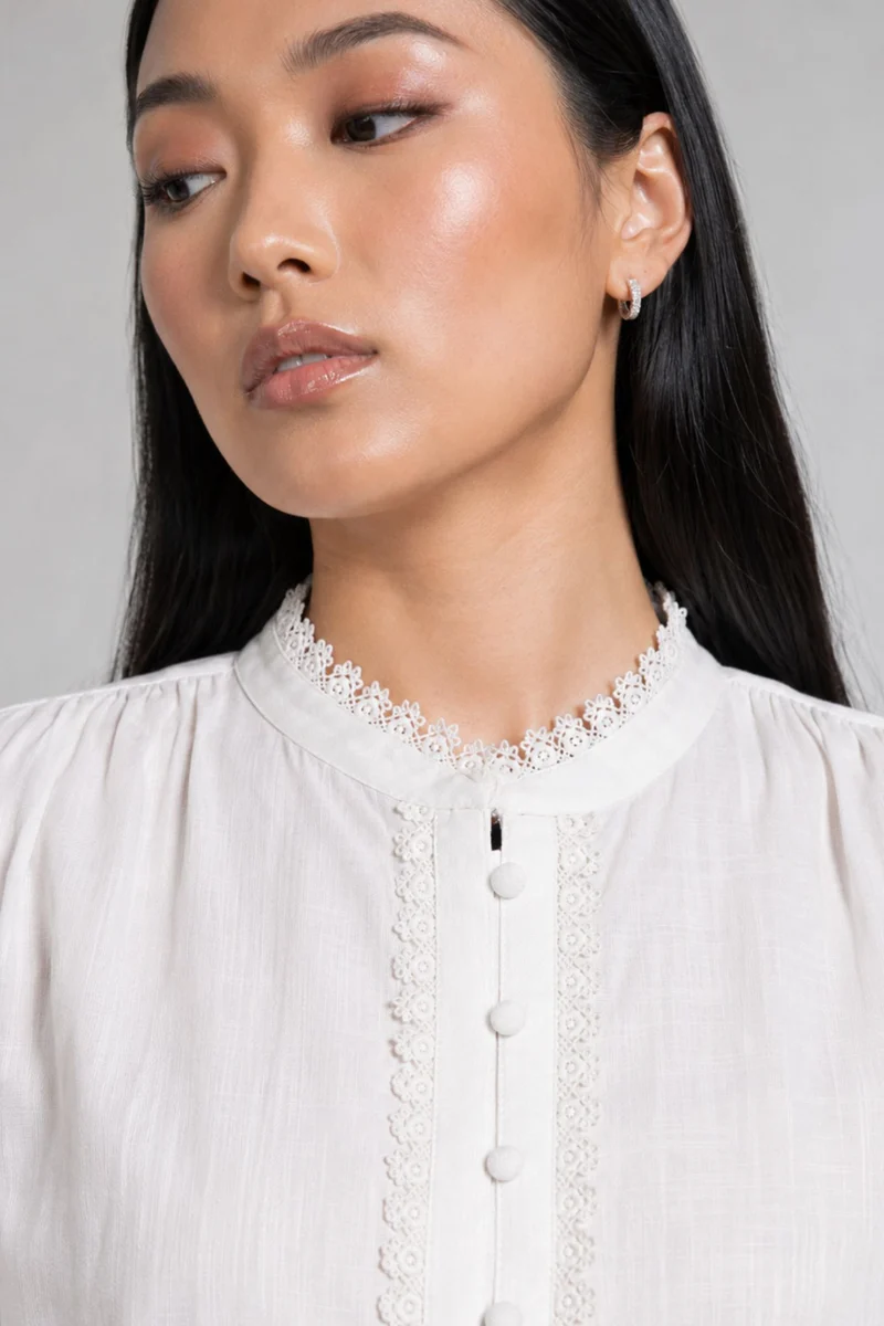 Celestin|Cotton White Dobby Top With Lace Trim
