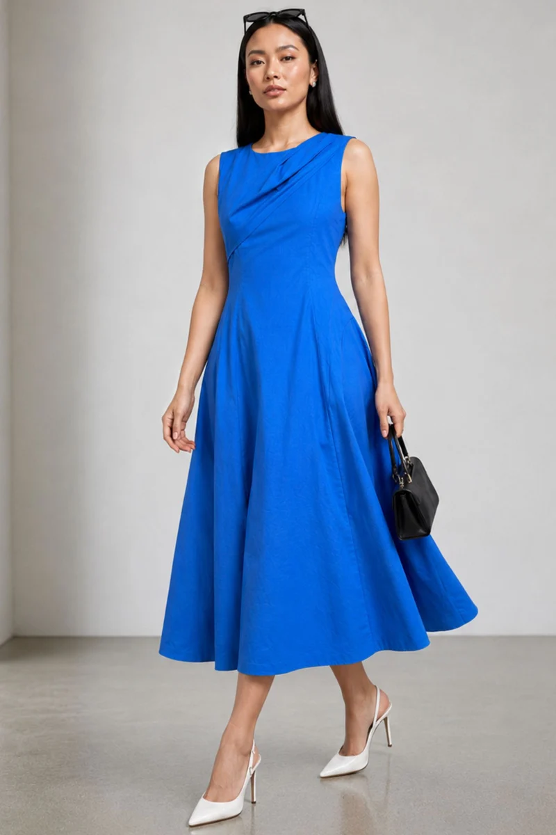 Caleva|Viscose Blue Slub Draped Maxi Dress