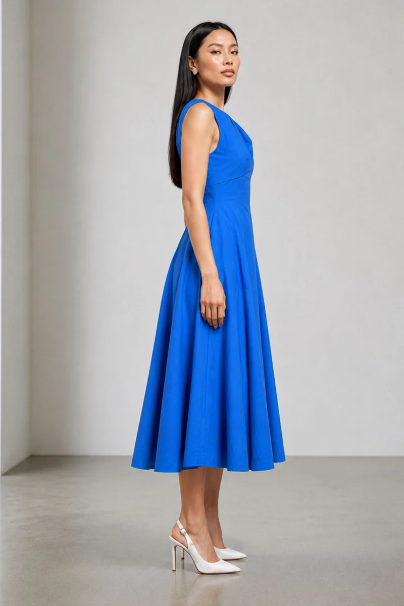 Caleva|Viscose Blue Slub Draped Maxi Dress