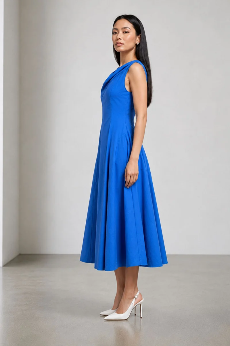Caleva|Viscose Blue Slub Draped Maxi Dress