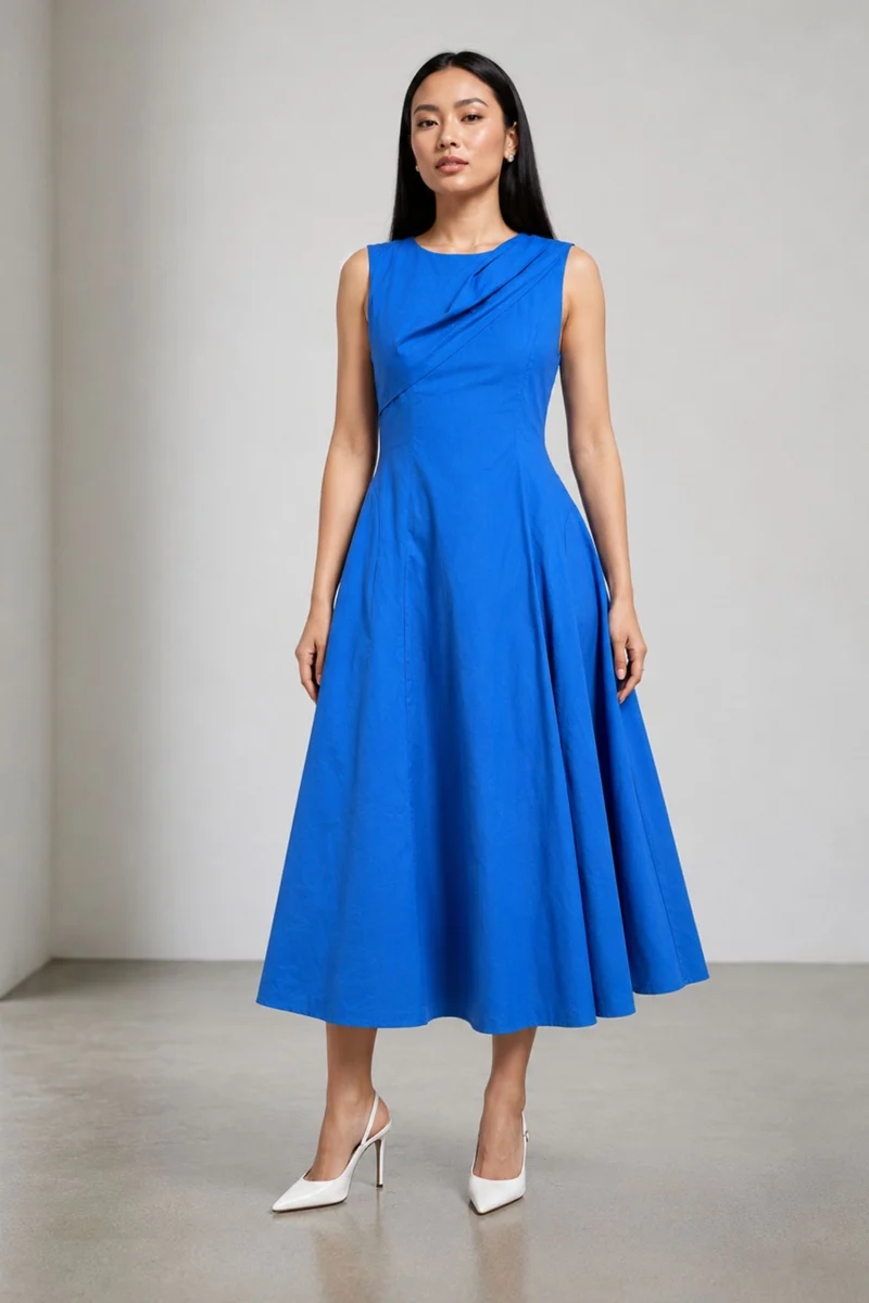 Caleva|Viscose Blue Slub Draped Maxi Dress