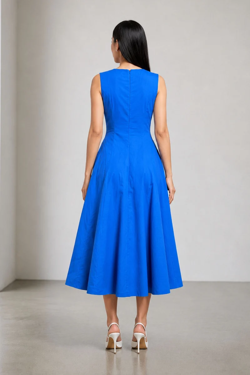 Caleva|Viscose Blue Slub Draped Maxi Dress
