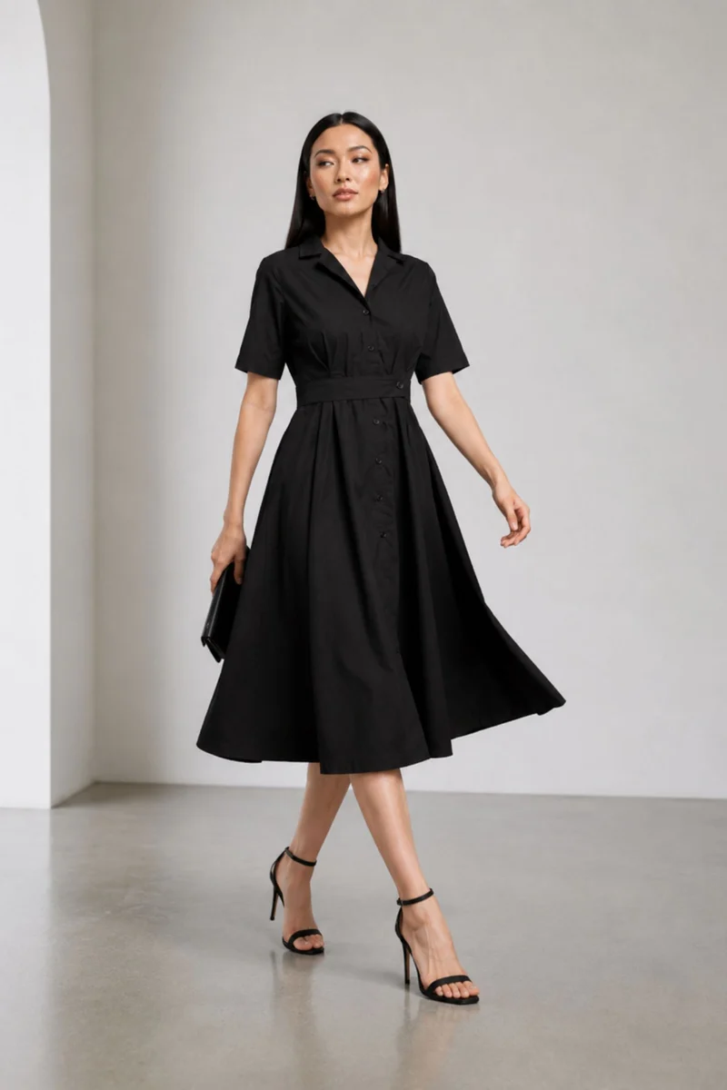 Merova|Cotton Belted Shirt Midi Dress