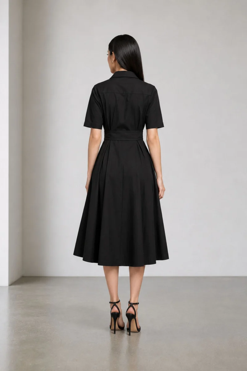 Merova|Cotton Belted Shirt Midi Dress