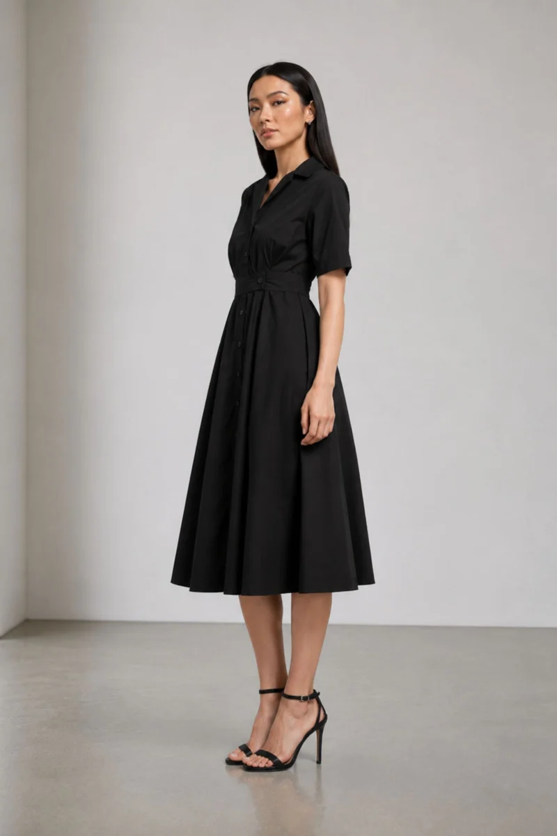 Merova|Cotton Belted Shirt Midi Dress