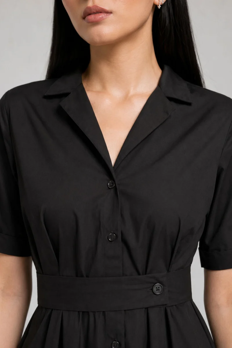 Merova|Cotton Belted Shirt Midi Dress