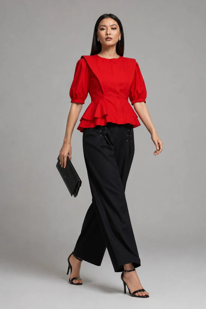 Oliera|100% Cotton Front Zip Closure Peplum Top
