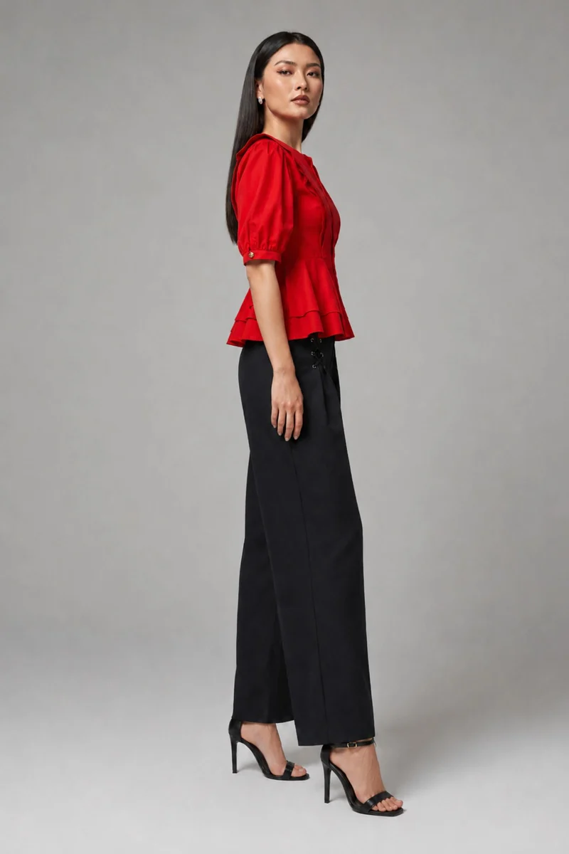 Oliera|100% Cotton Front Zip Closure Peplum Top