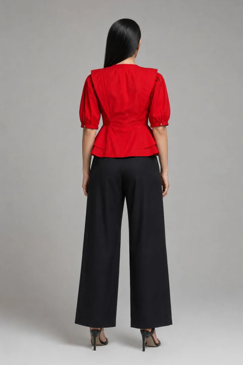 Oliera|100% Cotton Front Zip Closure Peplum Top
