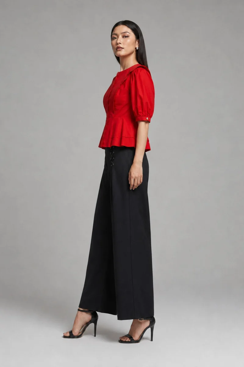 Oliera|100% Cotton Front Zip Closure Peplum Top