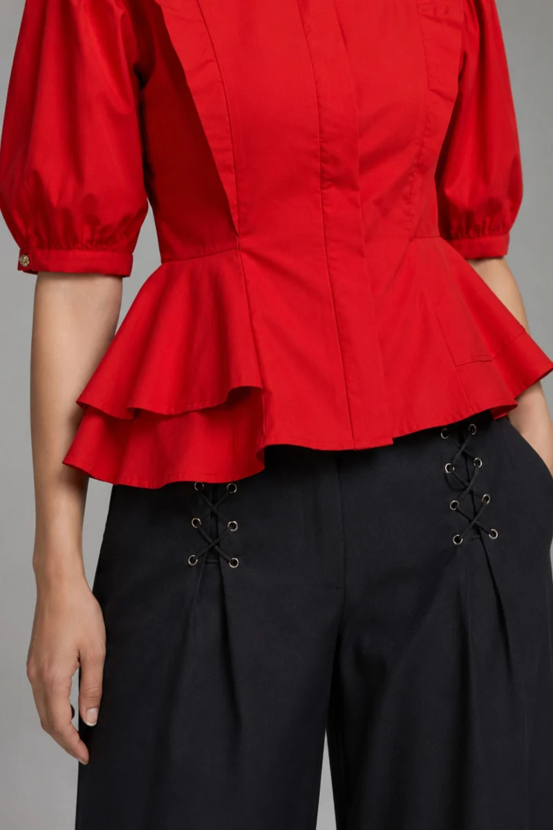 Oliera|100% Cotton Front Zip Closure Peplum Top