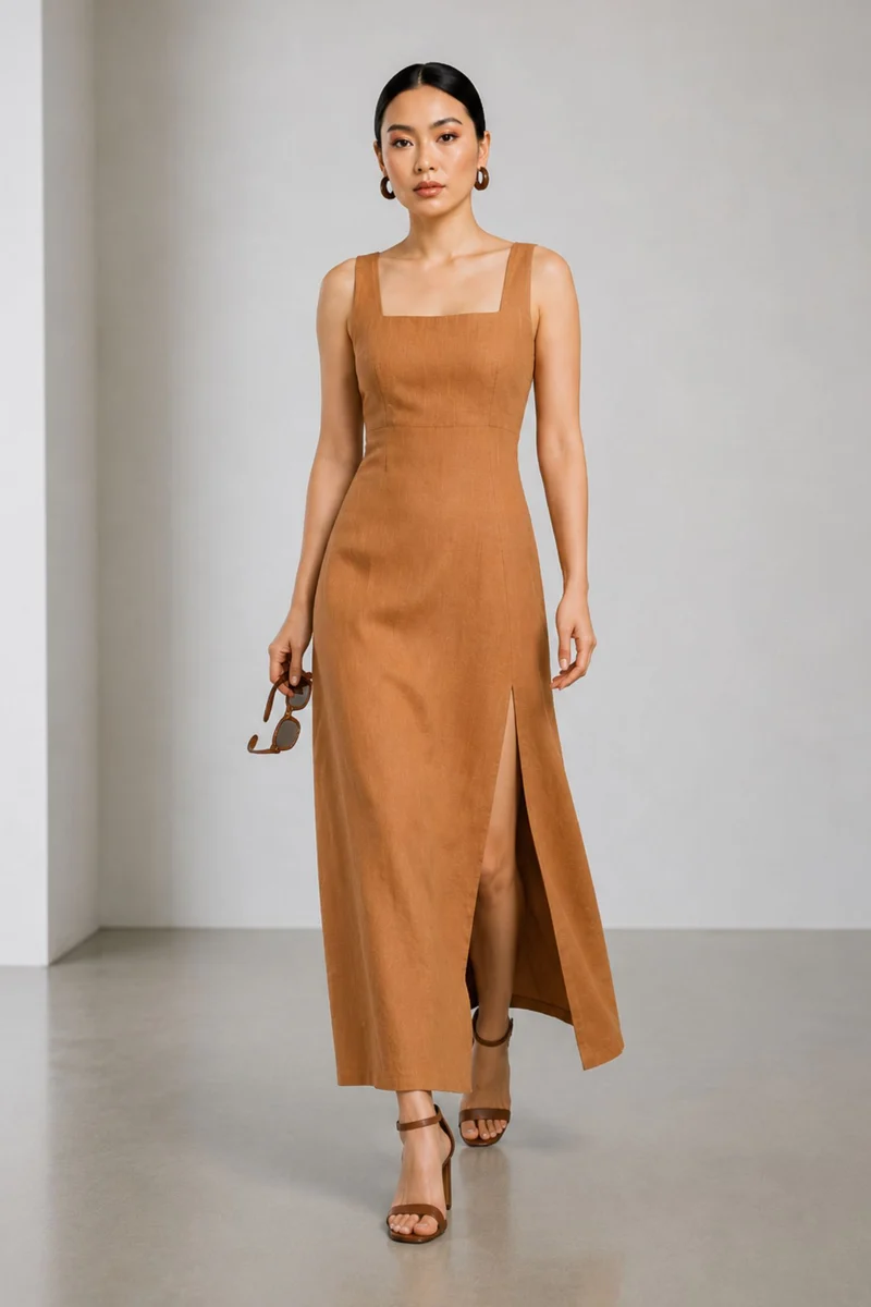 Solisette|100% Cotton Square Neck Maxi Dress
