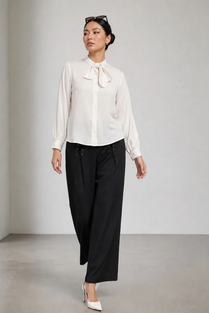 Novelle|100% Viscose Bow Neck Tie Regular Shirt