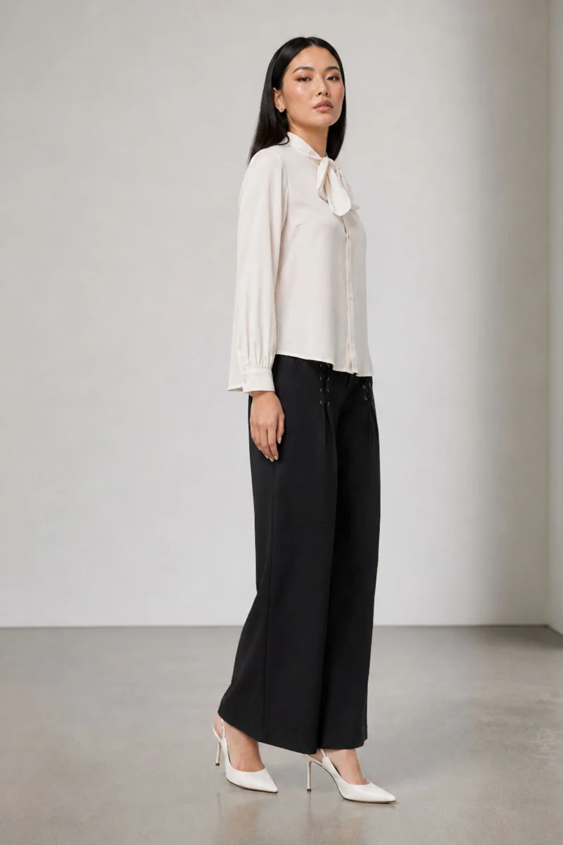 Novelle|100% Viscose Bow Neck Tie Regular Shirt