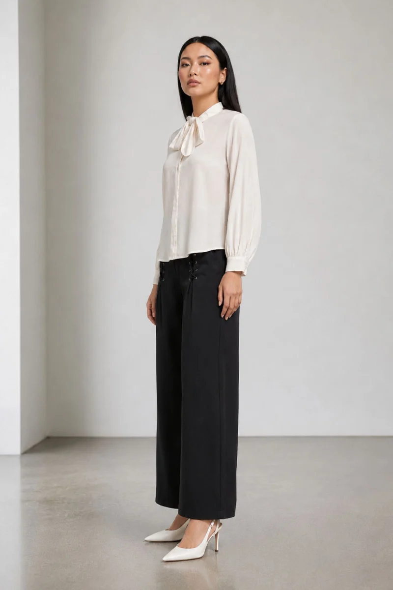 Novelle|100% Viscose Bow Neck Tie Regular Shirt