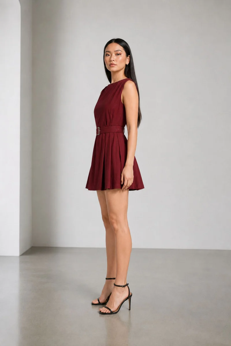 Anelle|100% Cotton Boat Neck Dress With Self-Fabric Belt