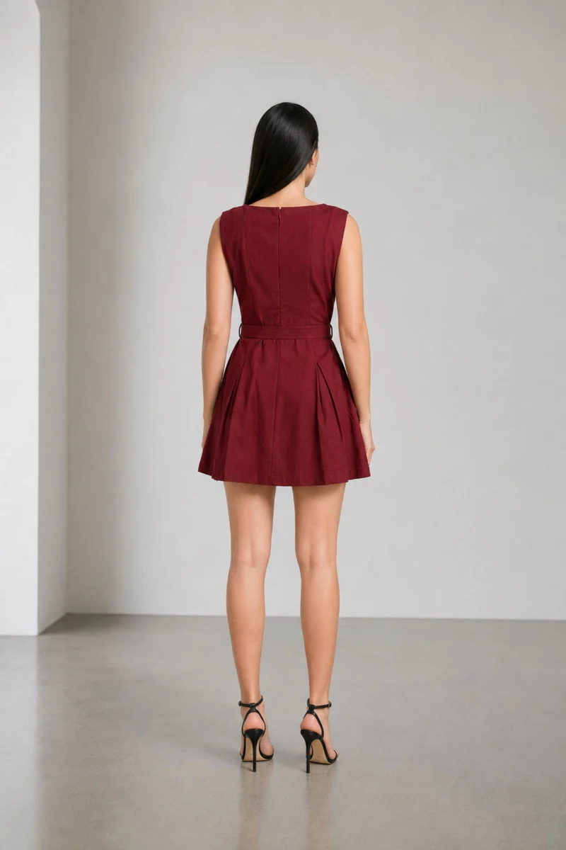 Anelle|100% Cotton Boat Neck Dress With Self-Fabric Belt