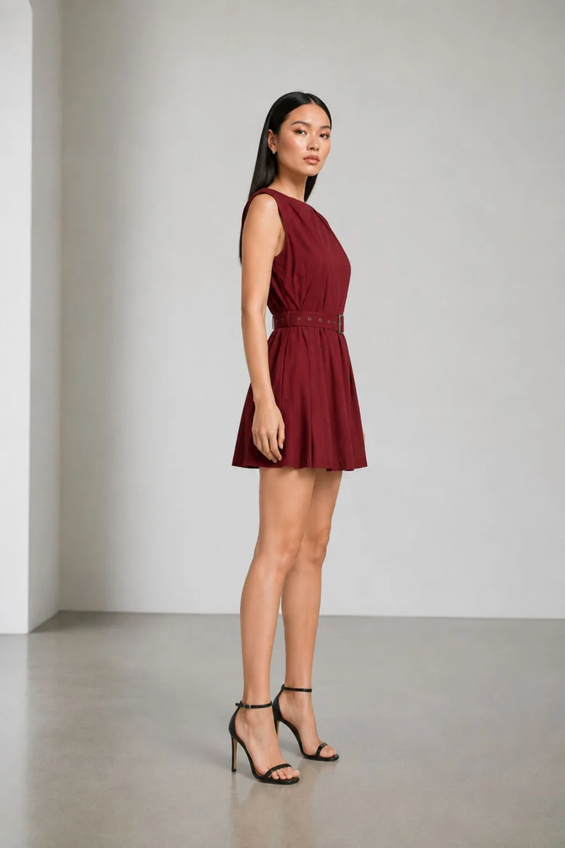 Anelle|100% Cotton Boat Neck Dress With Self-Fabric Belt