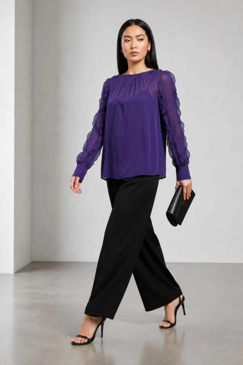 Velvara|Viscose Purple Ruffle Sleeve Top