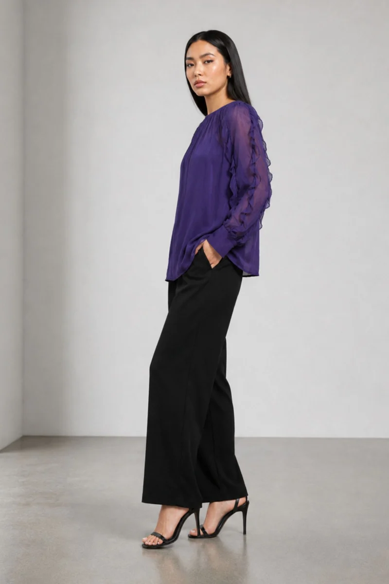 Velvara|Viscose Purple Ruffle Sleeve Top