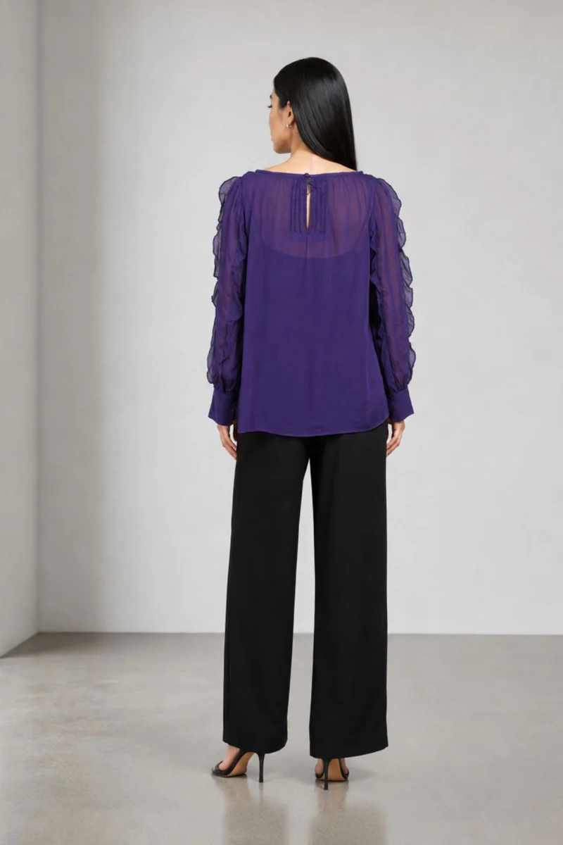Velvara|Viscose Purple Ruffle Sleeve Top