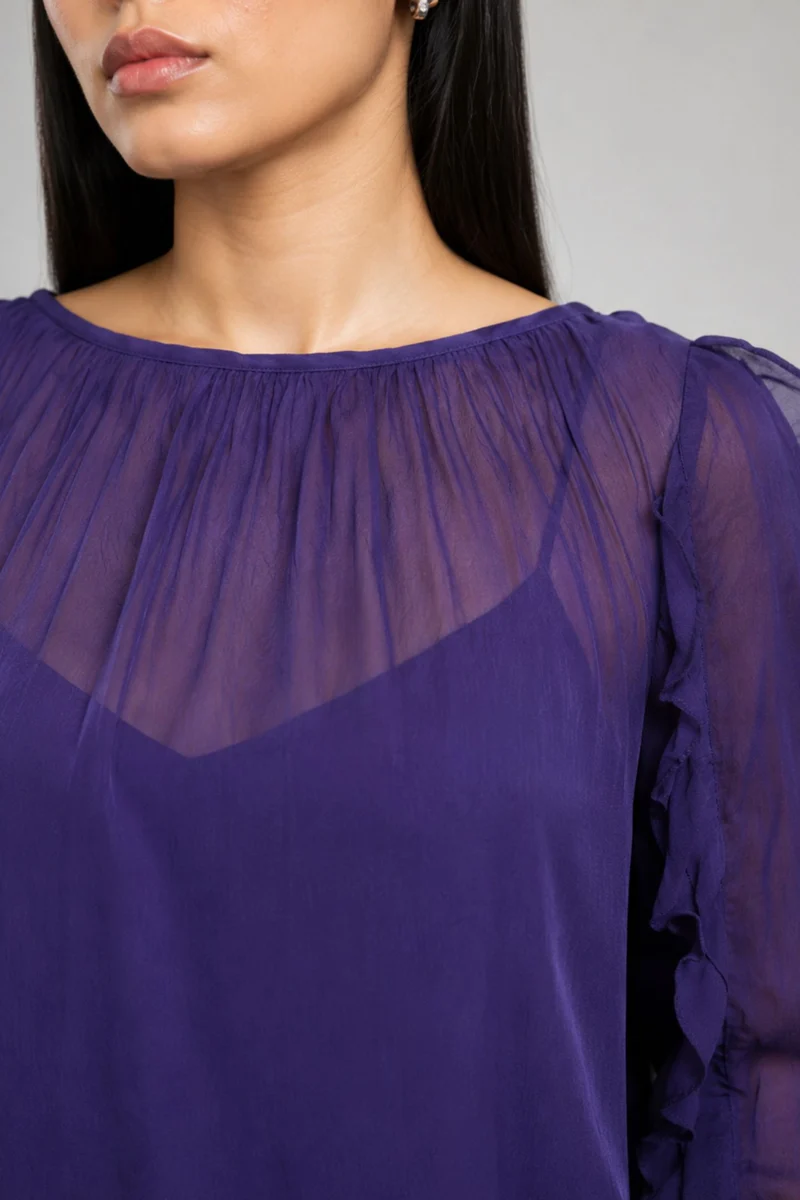 Velvara|Viscose Purple Ruffle Sleeve Top