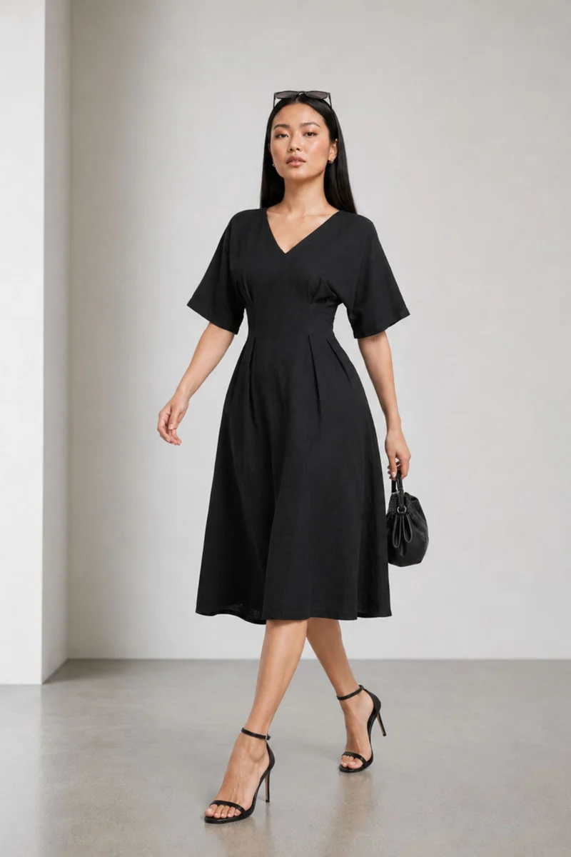 Veloire|Cotton Fit Flare Vneck Midi Dress