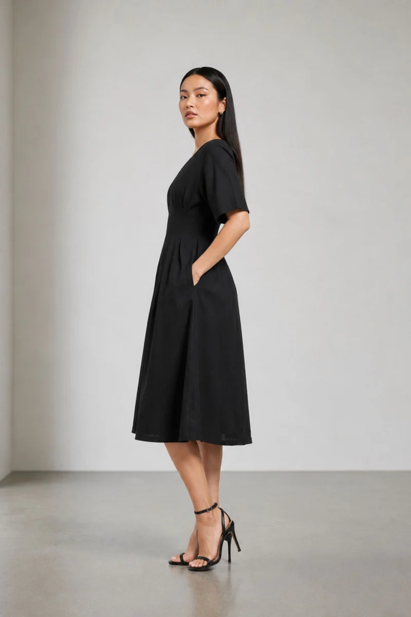 Veloire|Cotton Fit Flare Vneck Midi Dress