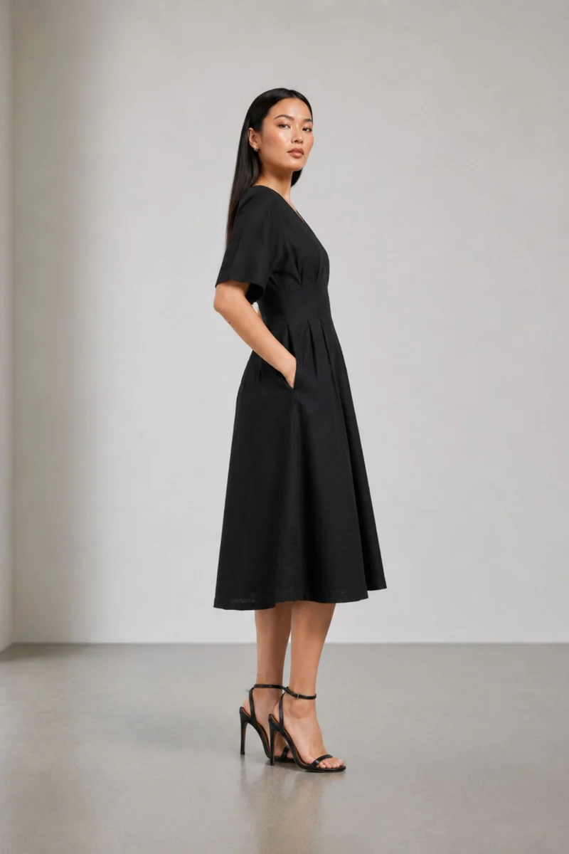 Veloire|Cotton Fit Flare Vneck Midi Dress