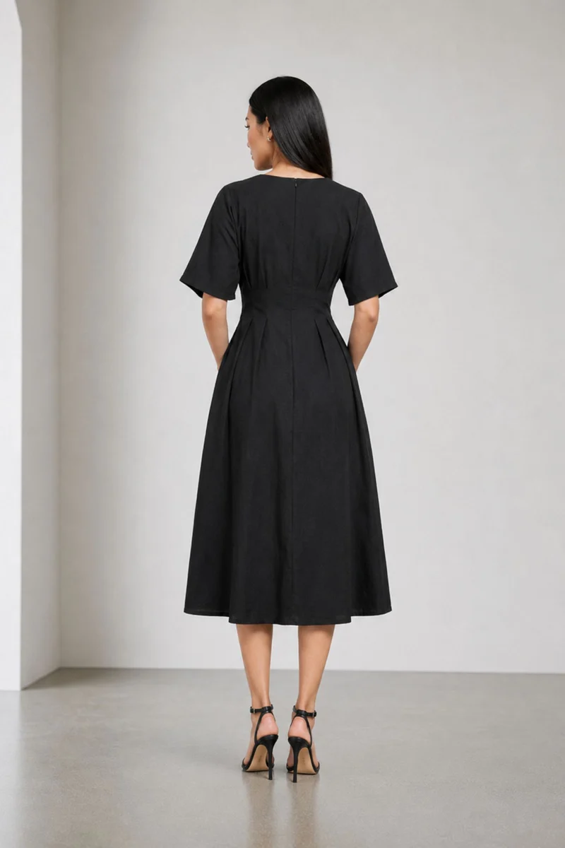 Veloire|Cotton Fit Flare Vneck Midi Dress
