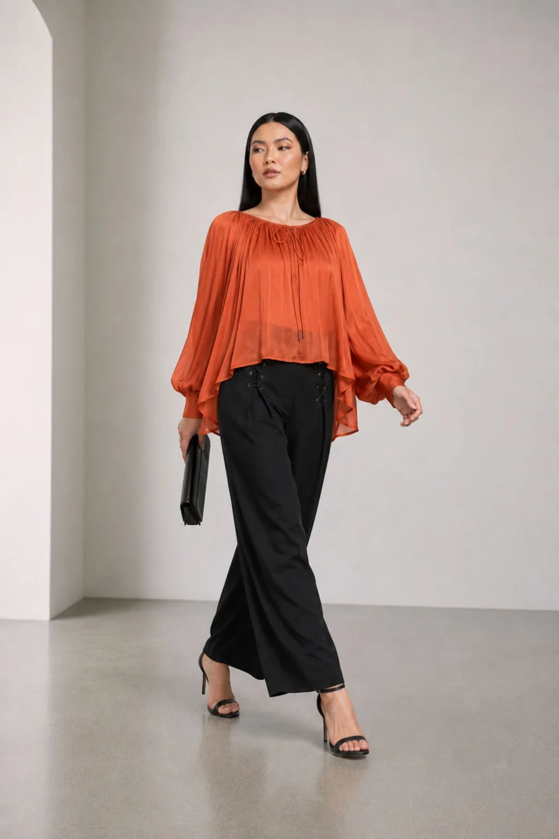 Solonue|Viscose Rust Gathered Puff Sleeve Top