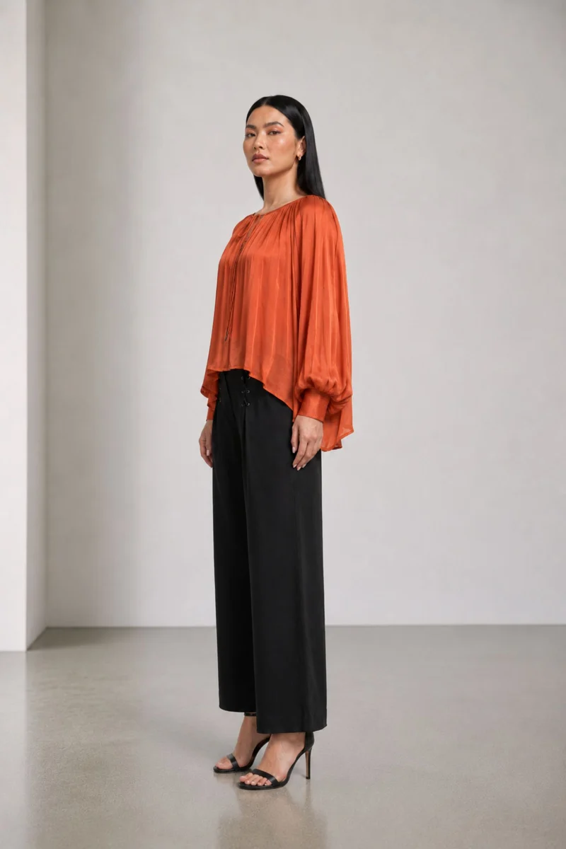 Solonue|Viscose Rust Gathered Puff Sleeve Top