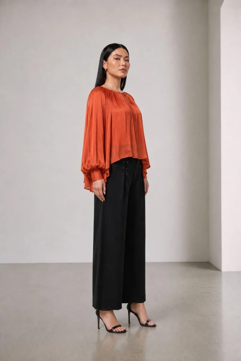 Solonue|Viscose Rust Gathered Puff Sleeve Top